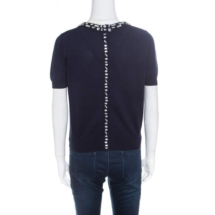 Pre Owned Christian Dior Navy Blue Cotton Silk Crystal Embellished Collar Sweater Top M