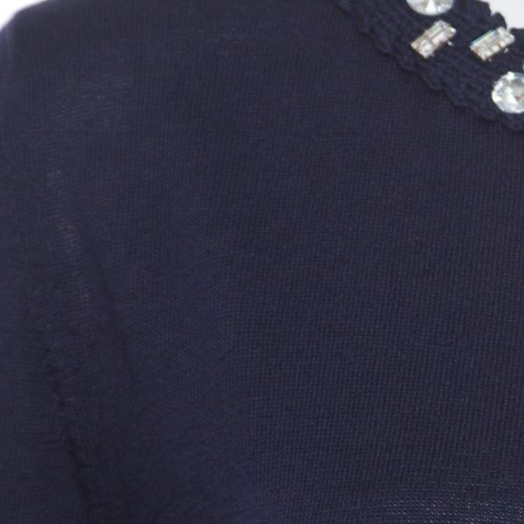Pre Owned Christian Dior Navy Blue Cotton Silk Crystal Embellished Collar Sweater Top M