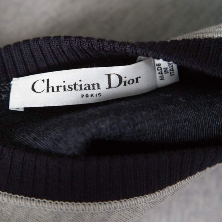 Pre Owned Dior Grey Knit Contrast Ribbed Neck Peplum Top S