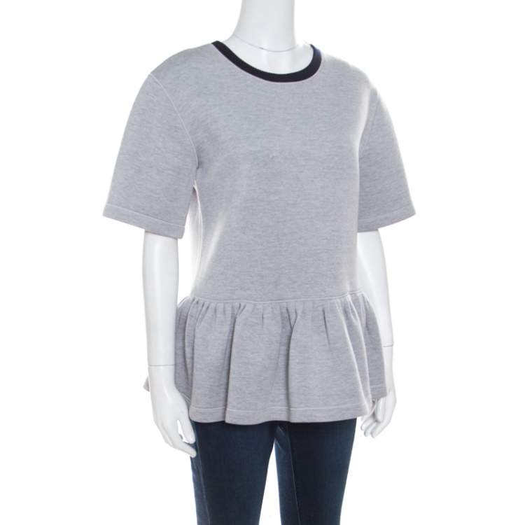 Pre Owned Dior Grey Knit Contrast Ribbed Neck Peplum Top S