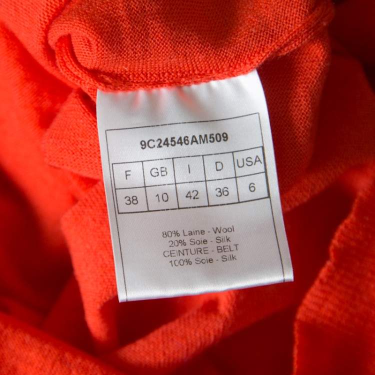 Pre Owned Dior Orange Wool and Silk Crochet Neck Detail Belted Sweater M