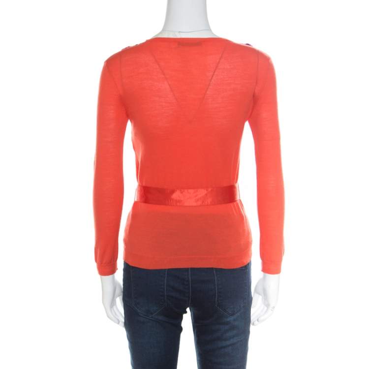 Pre Owned Dior Orange Wool and Silk Crochet Neck Detail Belted Sweater M