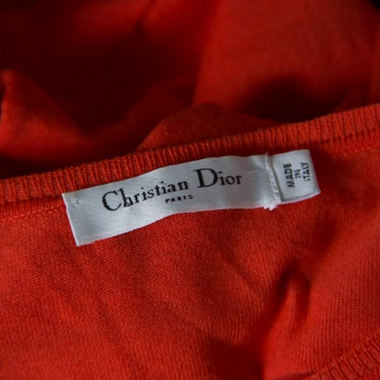 Pre Owned Dior Orange Wool and Silk Crochet Neck Detail Belted Sweater M