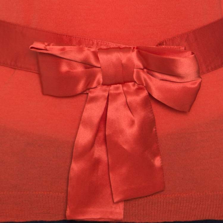 Pre Owned Dior Orange Wool and Silk Crochet Neck Detail Belted Sweater M