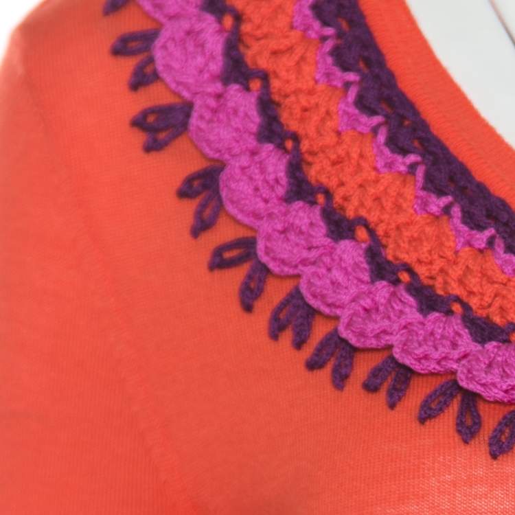 Pre Owned Dior Orange Wool and Silk Crochet Neck Detail Belted Sweater M