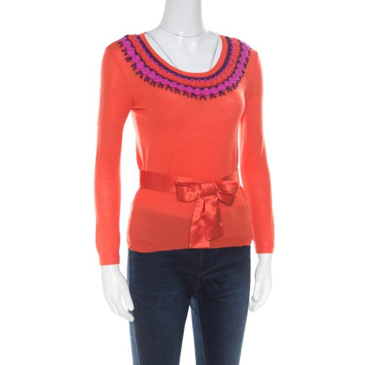 Pre Owned Dior Orange Wool and Silk Crochet Neck Detail Belted Sweater M