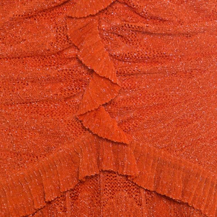 Pre Owned Dior Orange Perforated Lurex Knit Ruffled Sleeveless Dress L