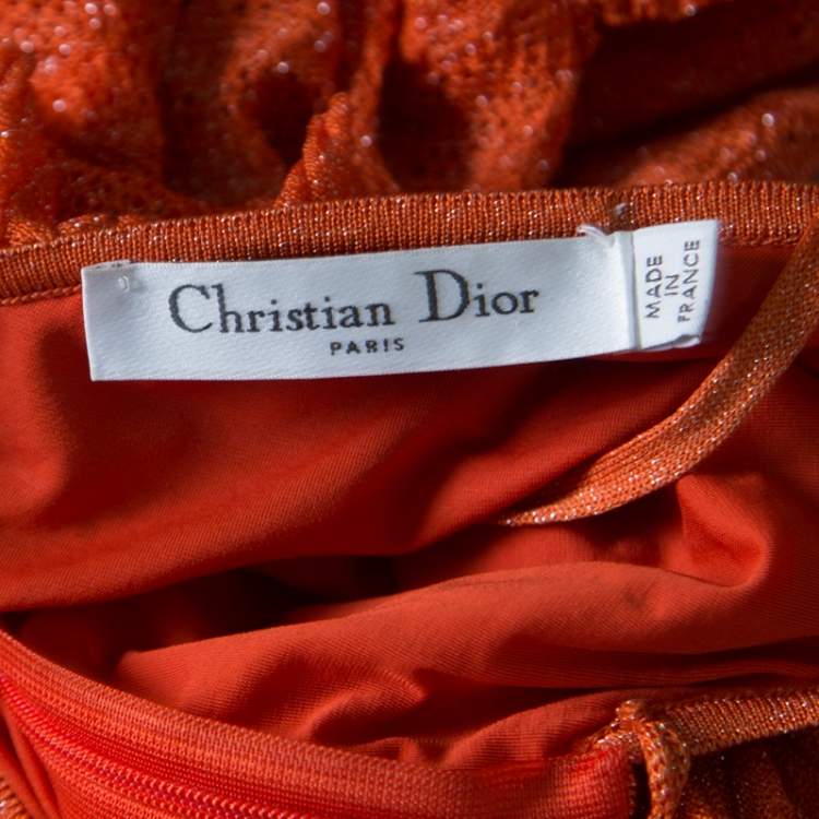 Pre Owned Dior Orange Perforated Lurex Knit Ruffled Sleeveless Dress L