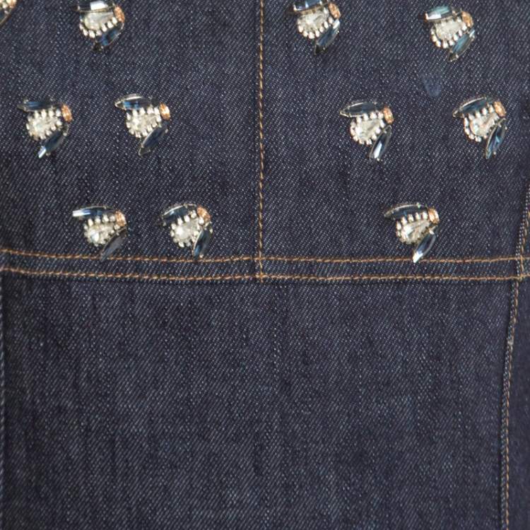 Pre Owned Dior Indigo Dark Wash Denim Bee Embellished Back Tie Detail Dress M