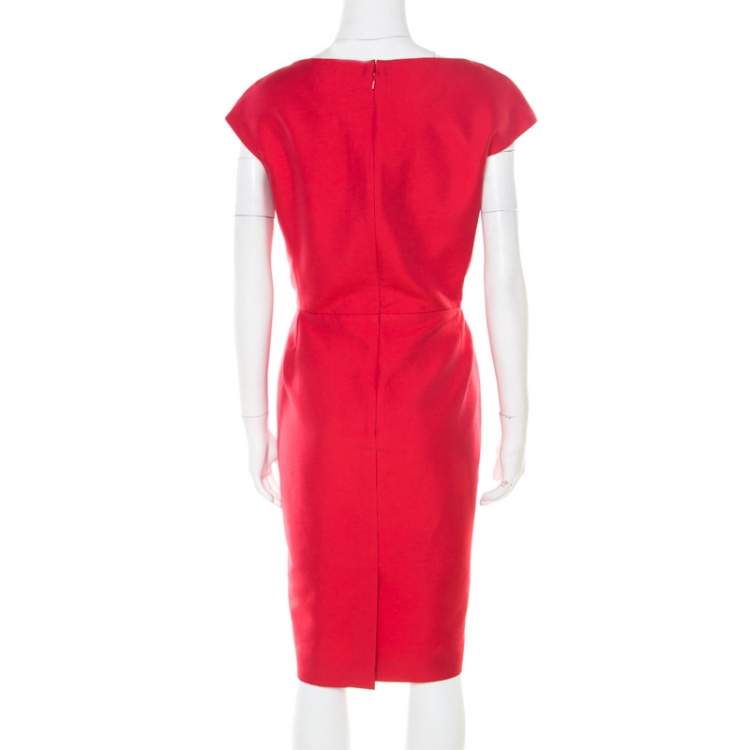 Pre Owned Christian Dior Rouge Red Cotton Silk Pleated Bodice Sleeveless Sheath Dress L
