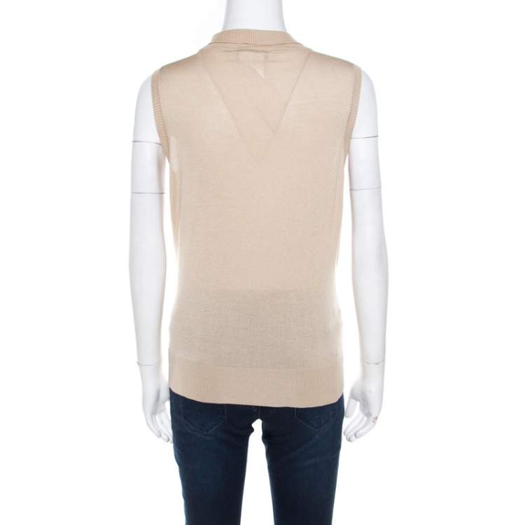 مملوكة مسبقًا Christian Dior Beige Silk and Merino Blend High Collar Sleeveless Beaded Top L