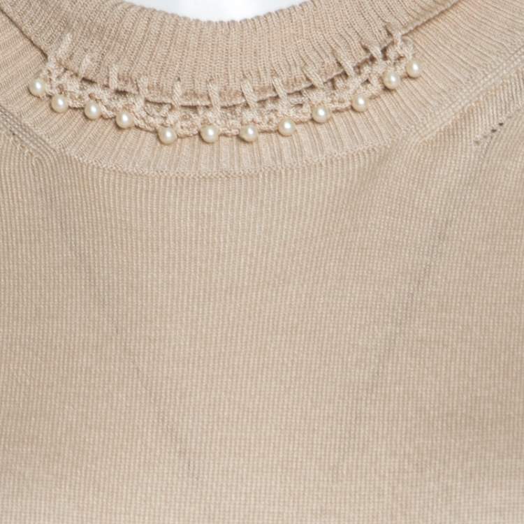 مملوكة مسبقًا Christian Dior Beige Silk and Merino Blend High Collar Sleeveless Beaded Top L