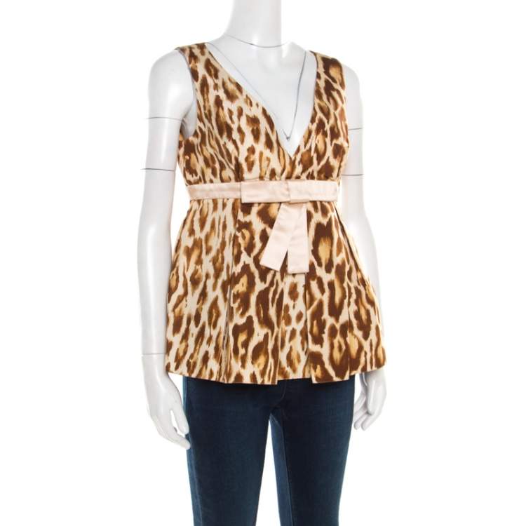 Pre Owned Dior Beige Animal Printed Bow Detail Peplum Wrap Top M