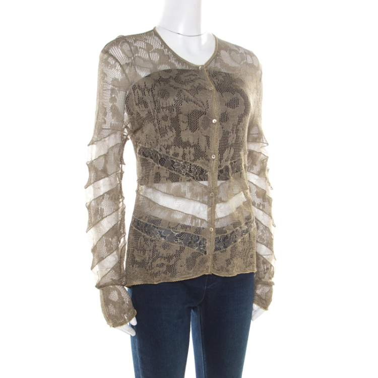 Pre Owned Dior Boutique Lace Olive Green Perforated Knit Lace Insert Buttoned Cardigan L