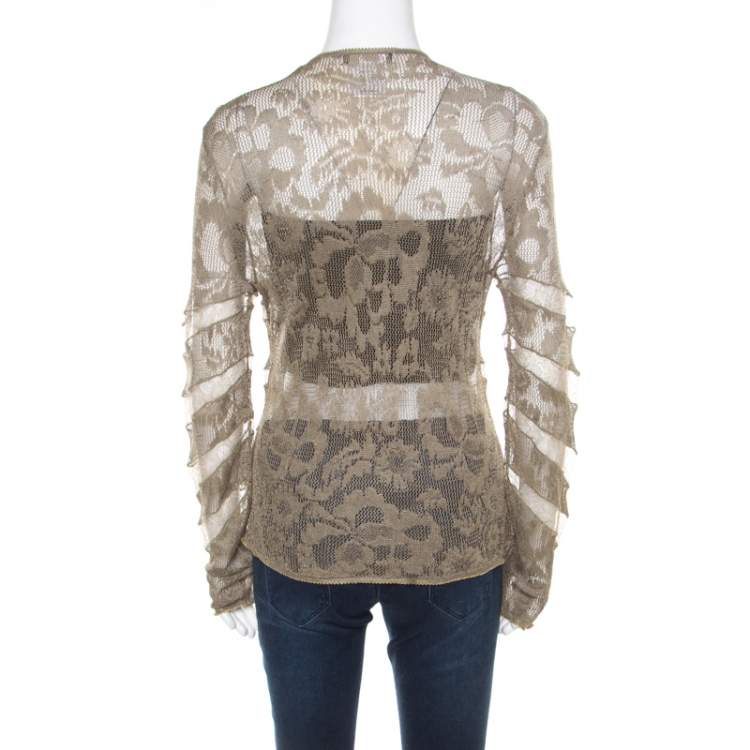Pre Owned Dior Boutique Lace Olive Green Perforated Knit Lace Insert Buttoned Cardigan L