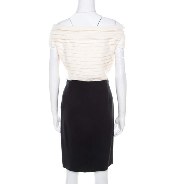 Pre Owned Christian Dior Bicolor Pleated Silk Bodice Off Shoulder Pencil Dress L