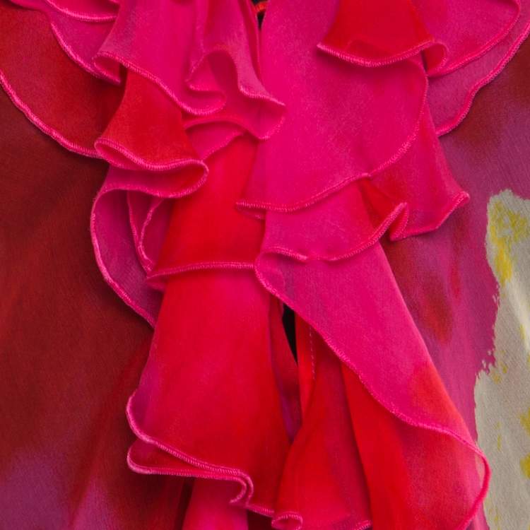 Pre Owned Christian Dior Pink and Yellow Printed Sheer Silk Wrap Top M
