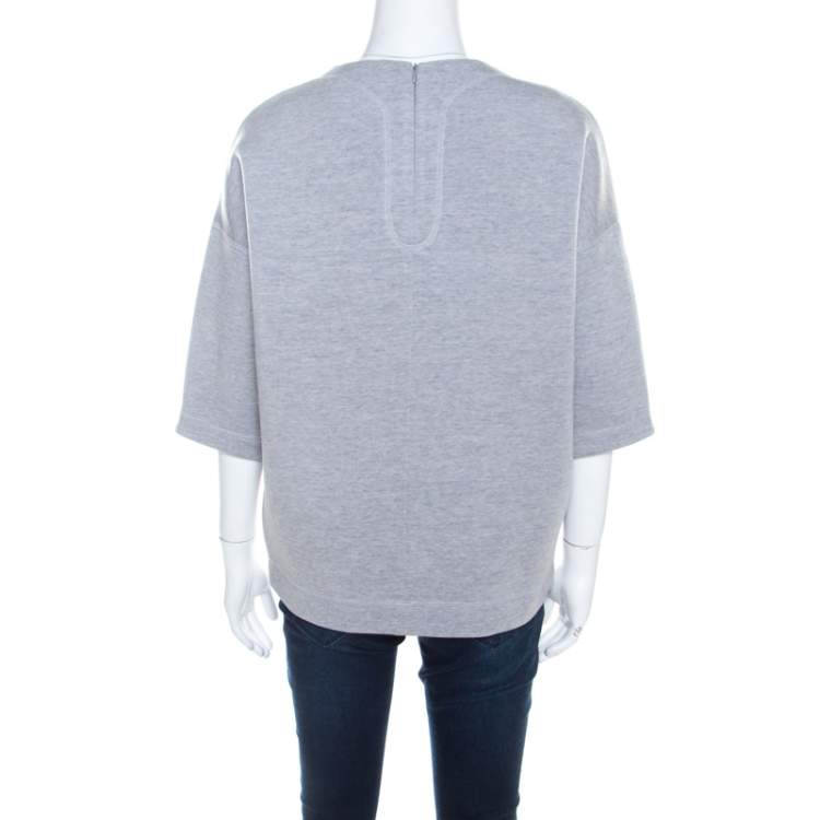 Pre Owned Dior Grey Neoprene Floral Embroidered Short Sleeve Oversized Jumper S 