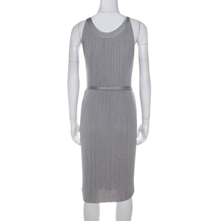 Pre Owned Dior Metallic Silver Lurex Knit Sleeveless Belted Dress M 