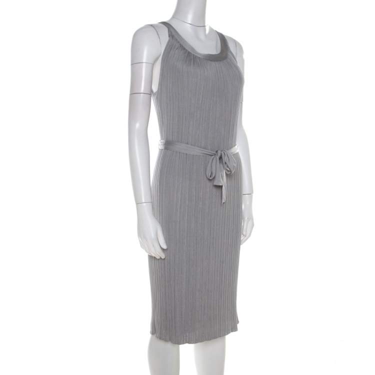 Pre Owned Dior Metallic Silver Lurex Knit Sleeveless Belted Dress M 