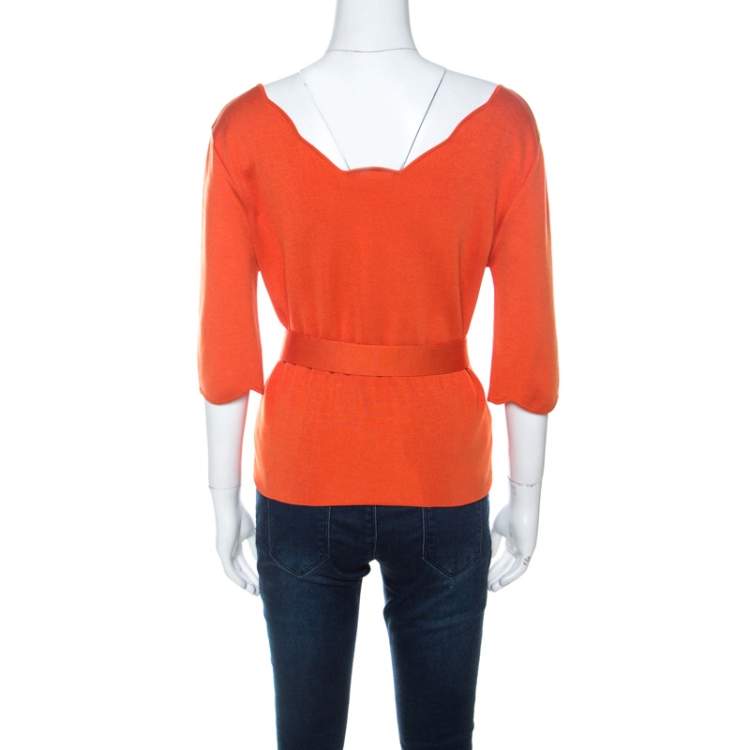 Pre Owned Dior Burnt Orange Silk Blend Scallop Neckline Belted Peplum Top L