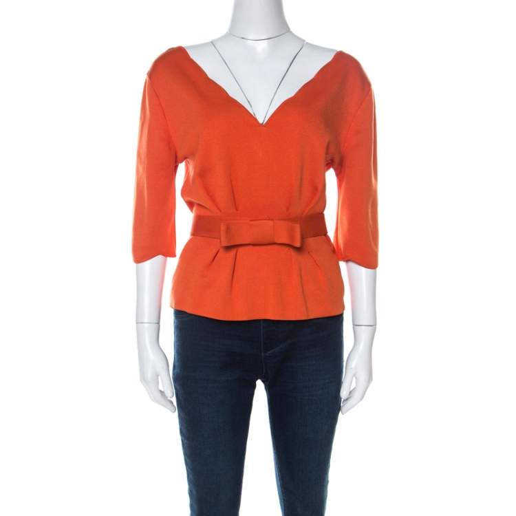 Pre Owned Dior Burnt Orange Silk Blend Scallop Neckline Belted Peplum Top L