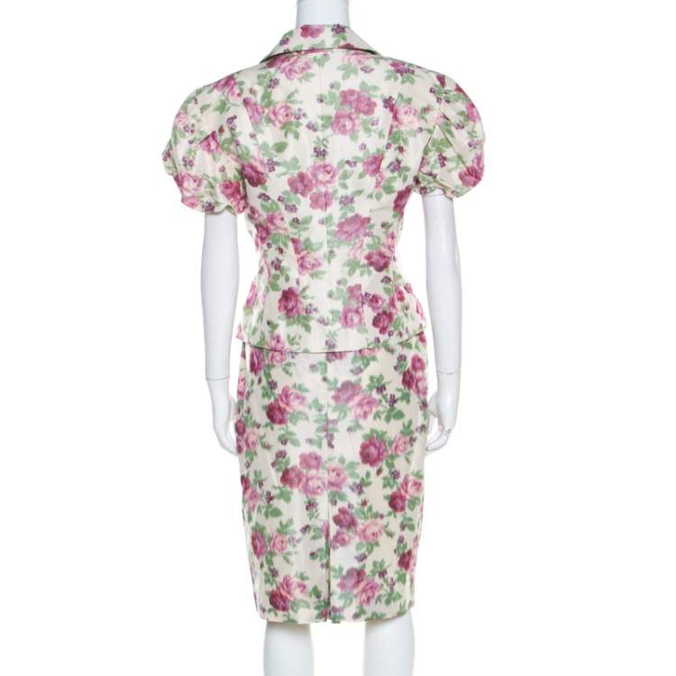 مملوكة مسبقًا Christian Dior Beige Floral Print Silk Skirt Suit L