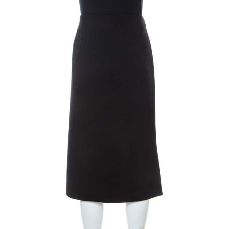Pre Owned Christian Dior Black Textured Wool High Waist Pencil Skirt L