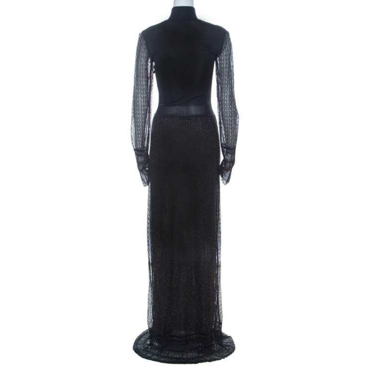 مملوكة مسبقًا Dior Boutique Navy Blue Crochet and Lurex Knit Mandarin Collar Detail Maxi Dress M 