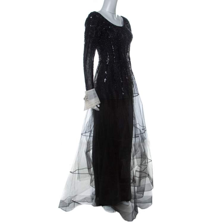 Pre Owned Dior Vintage Black Embellished Tulle Contrast Cuff Detail Scoop Back Gown M