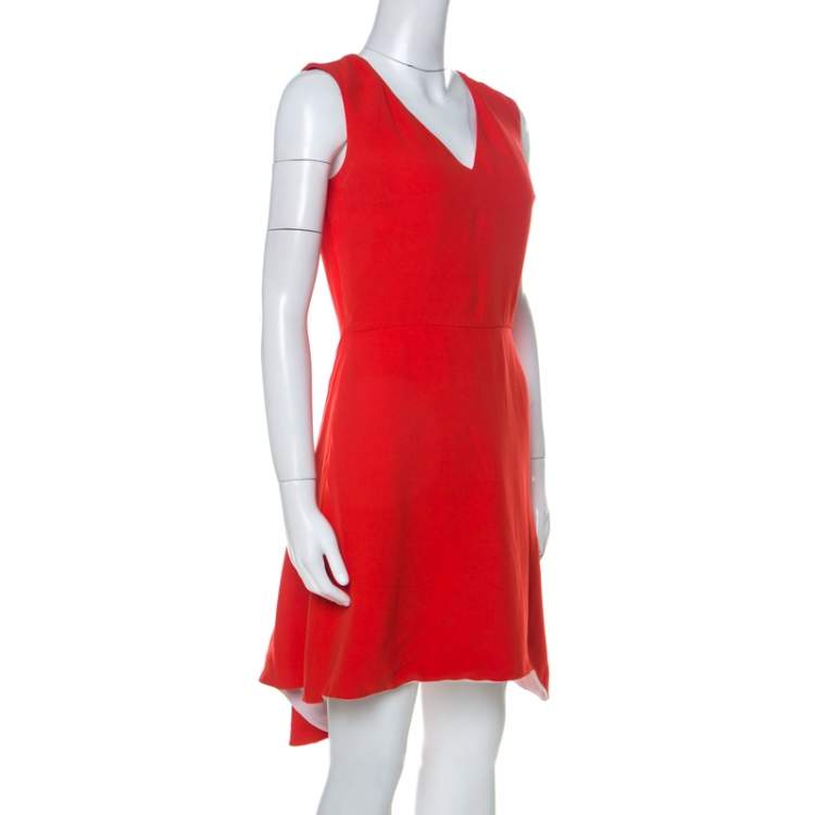 Pre Owned Dior Orange Silk Wool Asymmetric Hem Sleeveless Dress S
