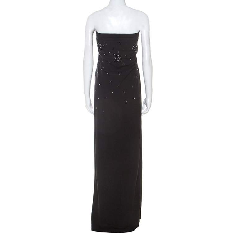 Pre Owned Dior Black Crepe Pleat Detail Embellished Strapless Gown M