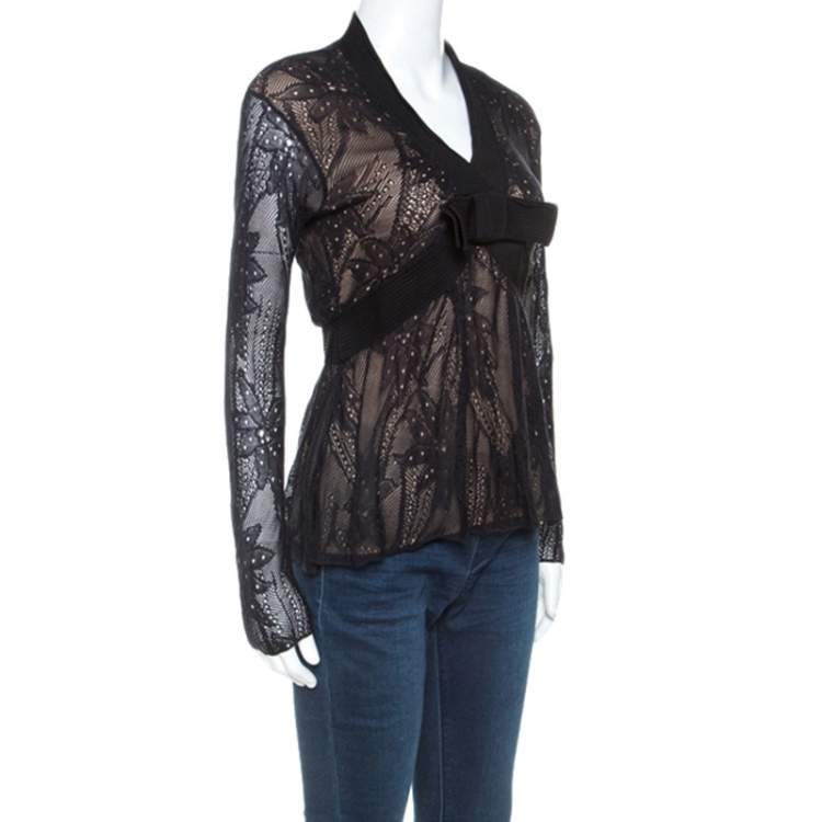مملوكة مسبقًا Christian Dior Black Lace Rib Trim Long Sleeve Top M