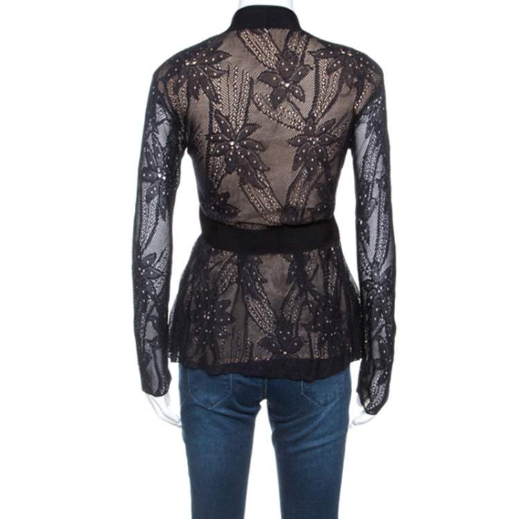 مملوكة مسبقًا Christian Dior Black Lace Rib Trim Long Sleeve Top M