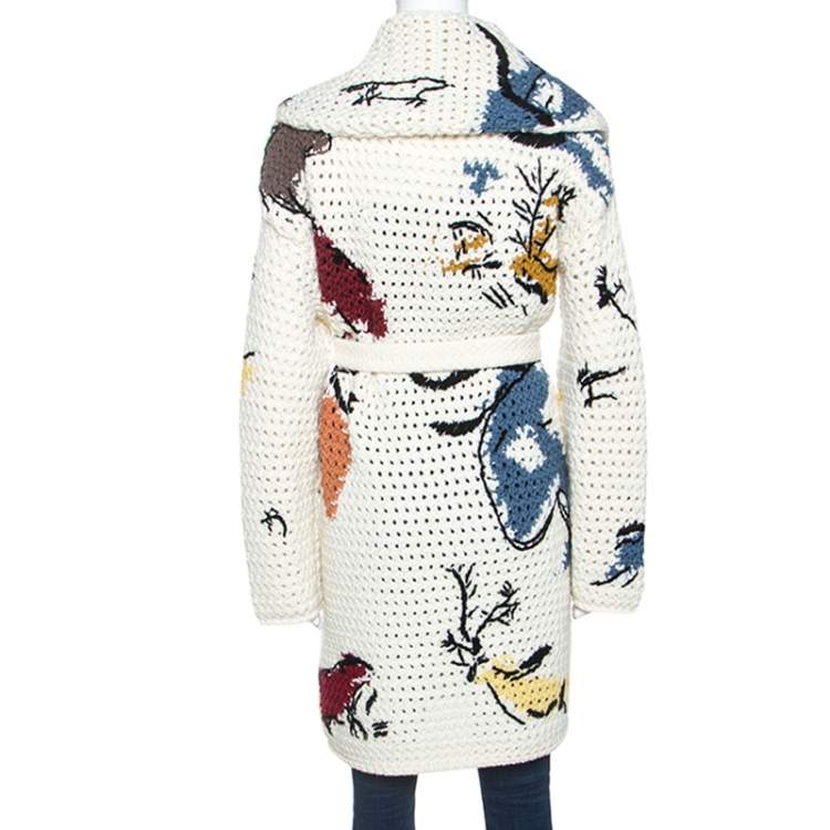 مملوكة مسبقًا Christian Dior Off White Abstract Knit Chunky Belted Cardigan S 