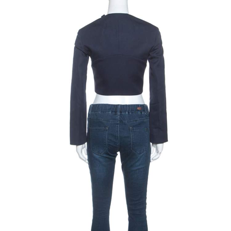 Pre Owned Dior Navy Blue Crepe Overlap Buttoned Cropped Blazer S