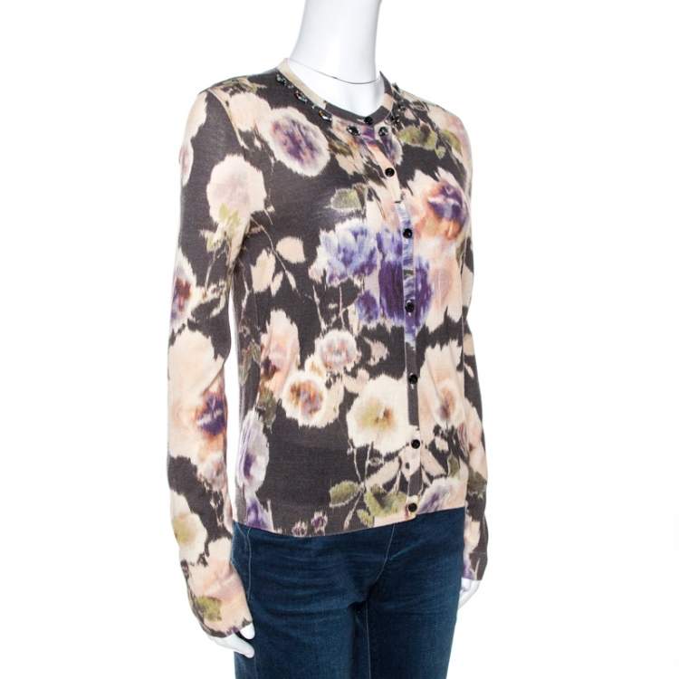 Pre Owned Dior Multicolor Floral Print Wool Silk Knit Embellished Cardigan M