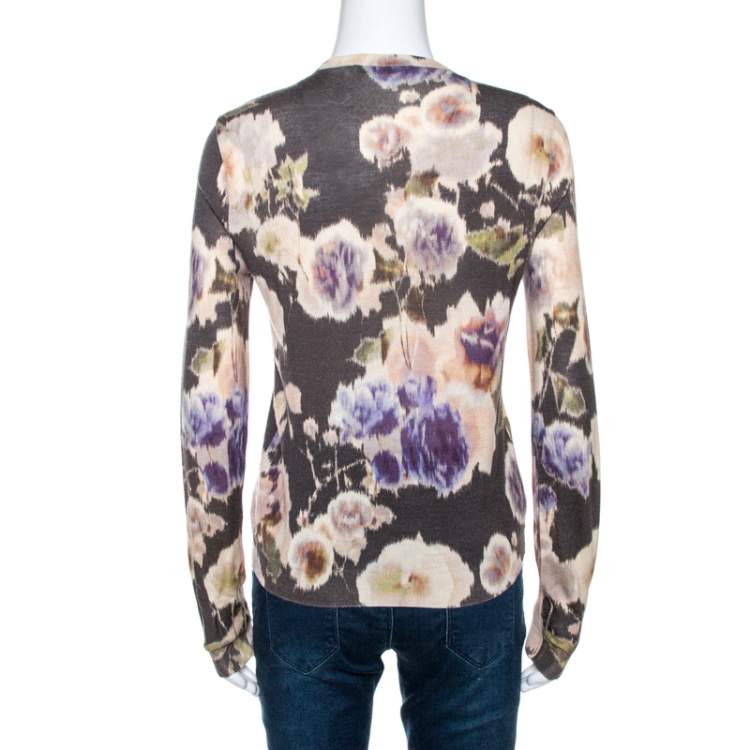 Pre Owned Dior Multicolor Floral Print Wool Silk Knit Embellished Cardigan M