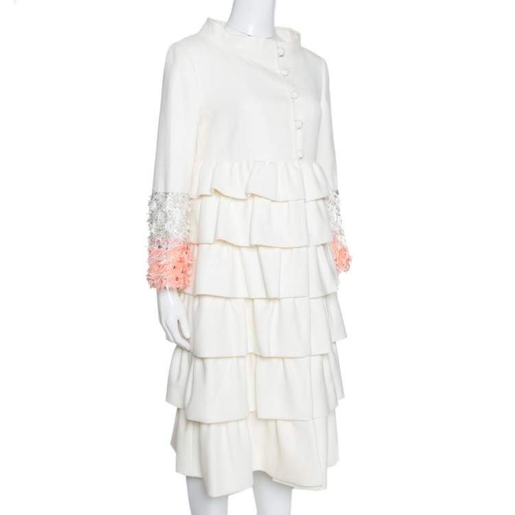 Pre Owned Christian Dior Cream Cotton Ruffled Embellished Sleeve Coat M