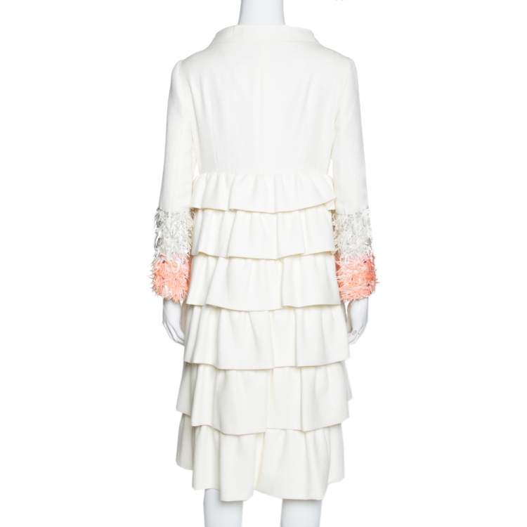 Pre Owned Christian Dior Cream Cotton Ruffled Embellished Sleeve Coat M