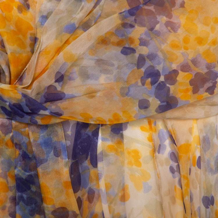 Pre Owned Dior Yellow Printed Silk Bow Detail Gathered Strapless Dress S