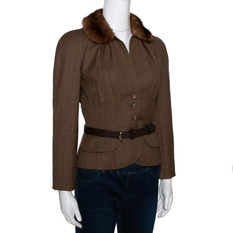 Pre Owned Dior Brown Houndstooth Wool Fur Trim Belted Jacket S
