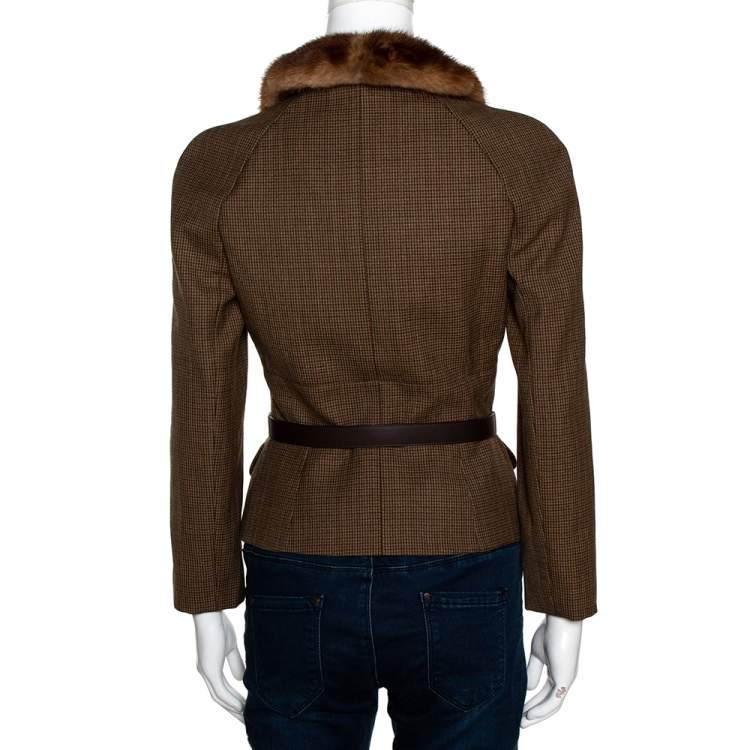 Pre Owned Dior Brown Houndstooth Wool Fur Trim Belted Jacket S