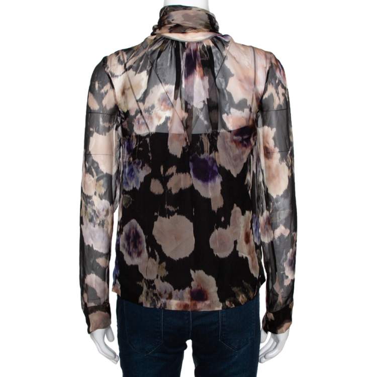 Pre Owned Dior Black & Peach Floral Print Silk Neck Tie Detail Blouse S