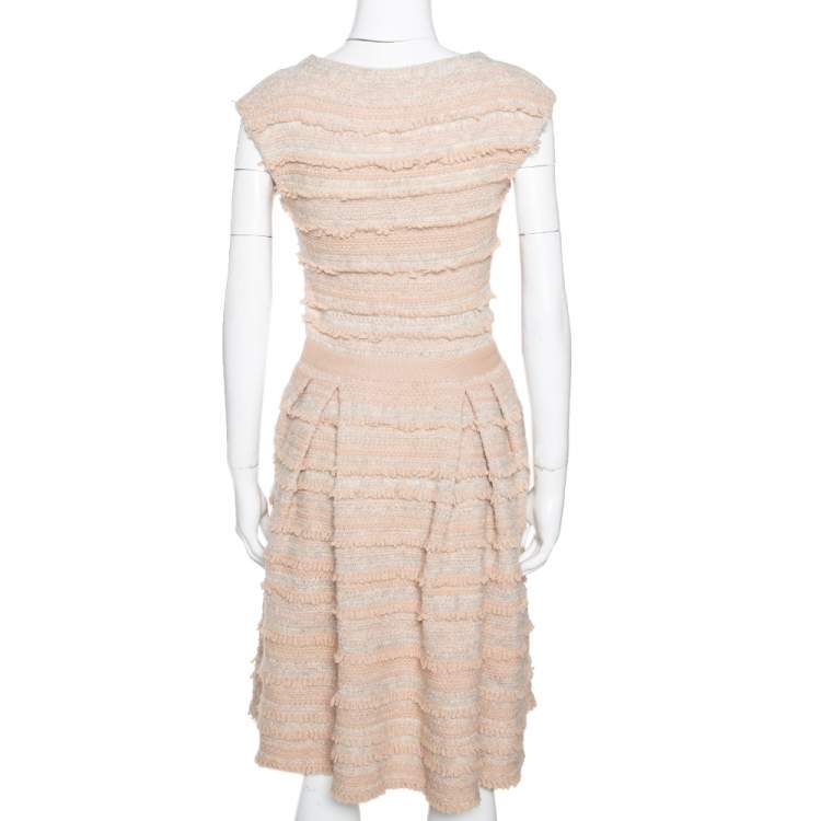 Pre Owned Dior Peach Wool & Cashmere Blend Boucle Tweed Flared Dress S