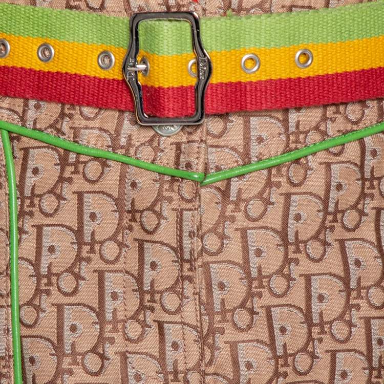 Pre Owned Dior Beige Diorissimo Jacquard Leather Trim Belted Skirt L