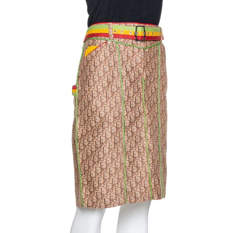 Pre Owned Dior Beige Diorissimo Jacquard Leather Trim Belted Skirt L