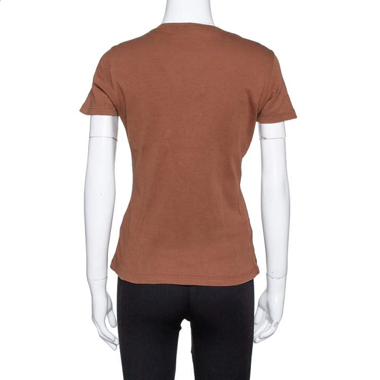 Pre Owned Dior Brown Logo Floral Print Cotton V-Neck Fitted T-Shirt L
