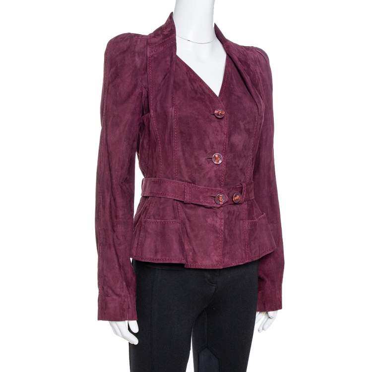 Pre Owned Dior Burgundy Suede Belted Button Front Jacket L