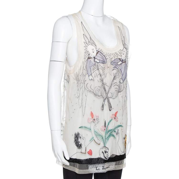 Pre Owned Dior Cream Le Jugement Embroidered Tulle Sleeveless Top S